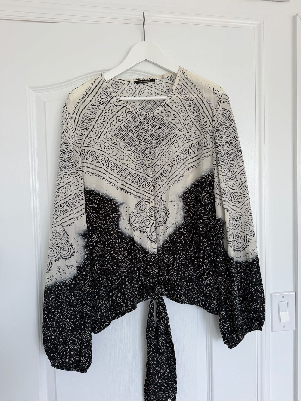 KOBI HALPRIN Bandana-Print Tie-Front Blouse in Black & Cream